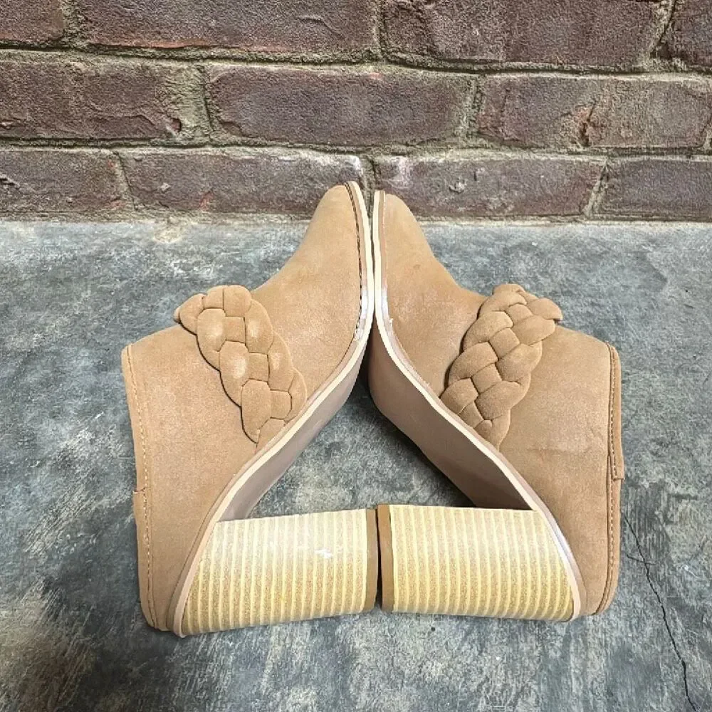 Womens Chunky Nude Block Heel Mules Braided Strap Booties Slip On Pointed Toe Sh